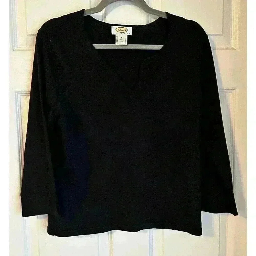 Talbots Top Womens Med Petite Black Sleeveless V Neck Silk Blend Stretch 3/4